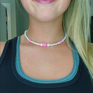 Pink star seed bead necklace